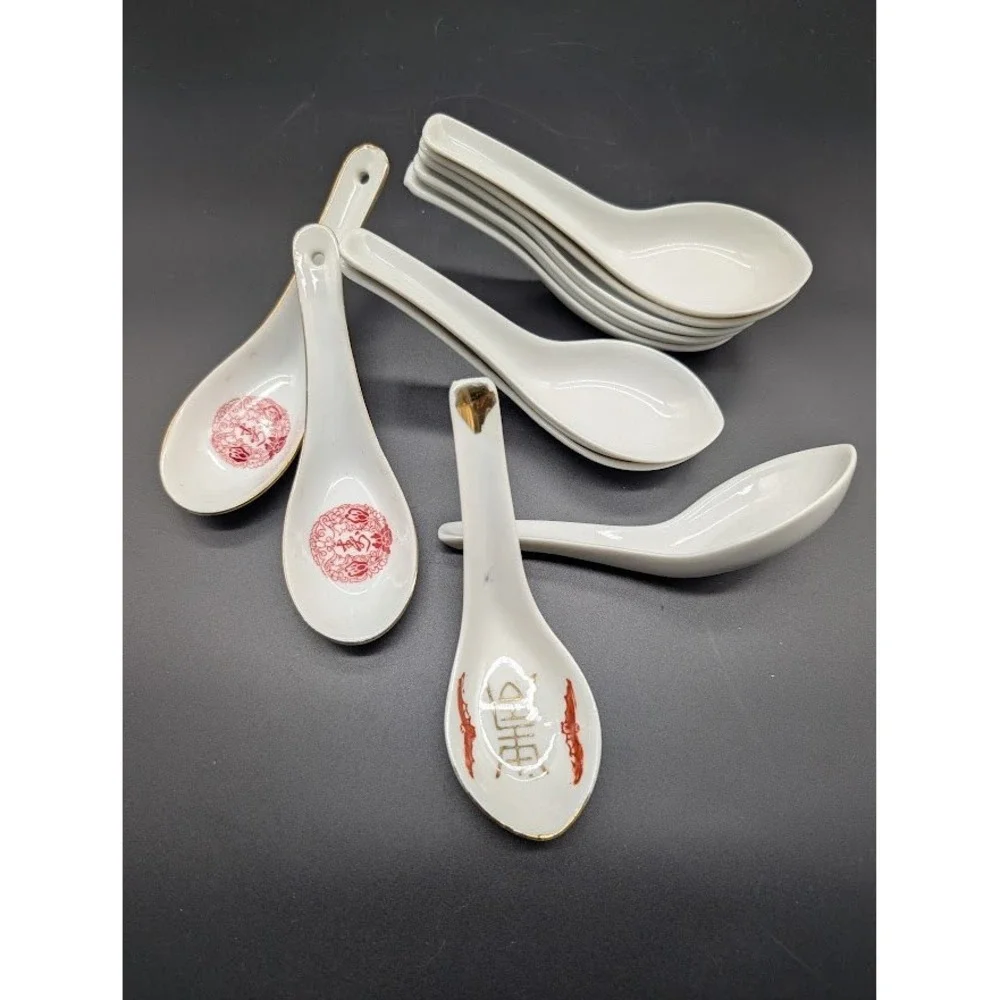 11 Set Vintage Porcelain Soup‎ Spoons Miso Ramen Dumplings Golden China Taiwan